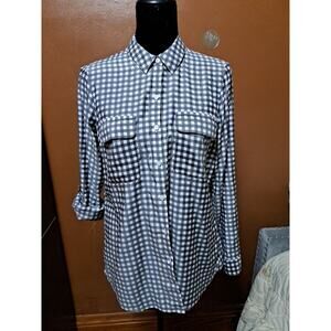 Express The City Womens M Plaid Blk White Button Up Collared Career Top Pockets